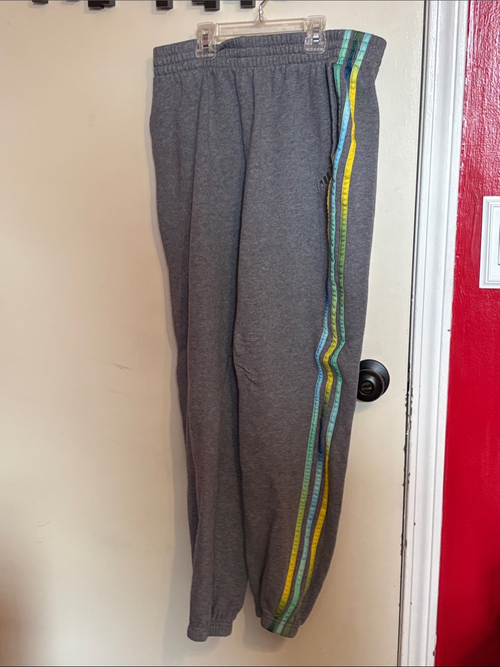 adidas Kids Gray Joggers with Blue, Green & Yellow Side Stripes